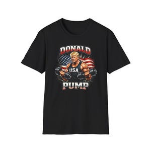 Camiseta Donald Pump / Camiseta de levantamiento MAGA / Ilustración de culturista de Trump, camiseta de fitness de EE. UU. con bandera estadounidense