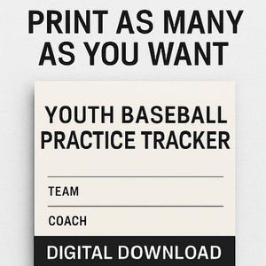 Könnte beinhalten: Ein digitaler Download-Baseball-Trainingstracker für die Jugend. Der Text "Drucken Sie so viel Sie wollen" steht oben. Der Tracker enthält Felder für Team und Trainer und ist mit "Digitaler Download" gekennzeichnet. Der Hintergrund ist cremefarben.