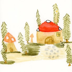 Mushroom Forest Glen Art Print - Mushroom House Illustration - Watercolor and Pencil Art - Print of Original Drawing, Kid Mushroom Art Print
