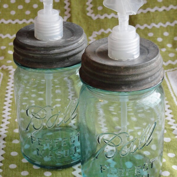 Sale, SET OF TWO Mason Jar Soap Pump/ Dispenser, 1 pint blue mason jar, Vintage, Upcycled, Also Lotion