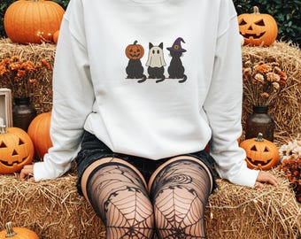 Embroidered Halloween Cat Trio Sweatshirt - Spooky Season Crewneck