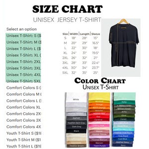 May include: A size and colour chart for a unisex jersey t-shirt. Sizes range from S to 5XL, with measurements in inches for width, length, and sleeve. The colour chart shows options like white, black, and navy, with a variety of other shades.