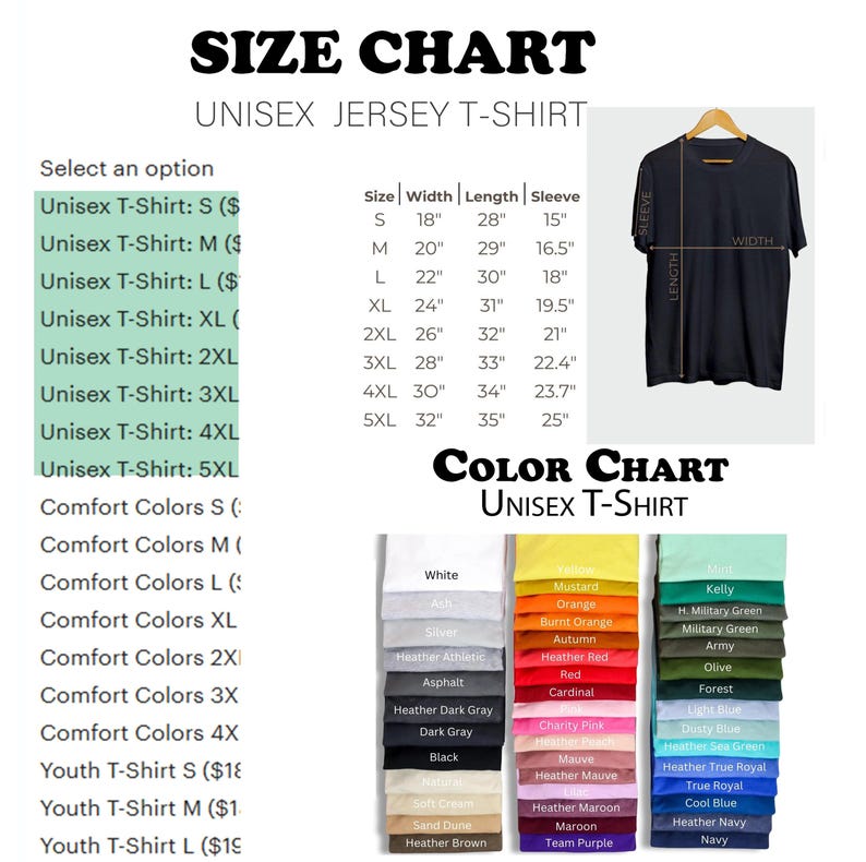 May include: A size and colour chart for a unisex jersey t-shirt. Sizes range from S to 5XL, with measurements in inches for width, length, and sleeve. The colour chart shows options like white, black, and navy, with a variety of other shades.