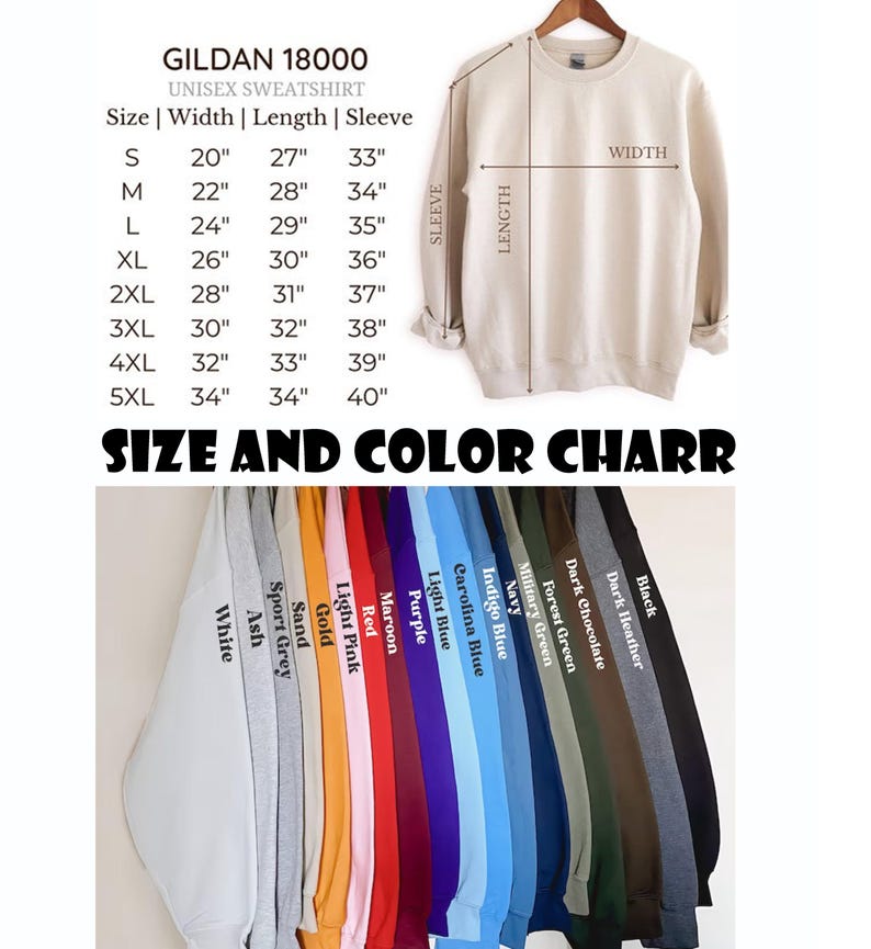 May include: A beige Gildan 18000 unisex sweatshirt hangs on a wooden hanger. The image includes a size chart with measurements in inches and a colour chart with various sweatshirt colours, including white, black, and navy.