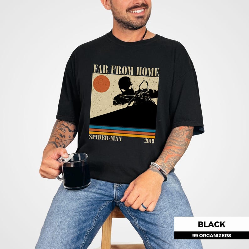 May include: Black t-shirt with a retro graphic from the film "Spider-Man: Far From Home". The design includes an image of Spider-Man, the text "FAR FROM HOME", "SPIDER-MAN", and the year "2019".