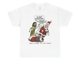 Camiseta unisex con dibujos animados divertidos, Papá Noel y Jesús abofeteados, "Bienvenidos a mi escuela", camiseta navideña religiosa, camiseta gráfica