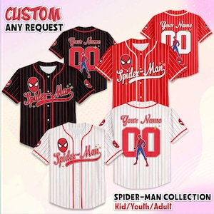 May include: Baseball jerseys in red, black, and white with Spider-Man graphics. The jerseys feature the Spider-Man logo, the text "Spider-Man", and the option to customize with a name and number. The text "CUSTOM ANY REQUEST" is at the top.