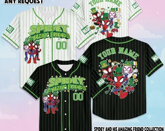 スパイダーマンと彼の素晴らしい仲間たちのセントパトリックスデー野球ジャージ、ディズニーホリデー野球シャツ、ラッキーギフト