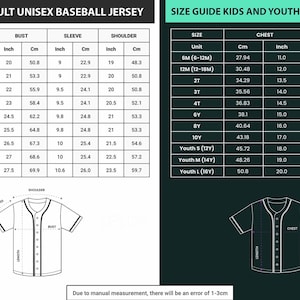 May include: Size guide for adult unisex and kids/youth baseball jerseys. Includes measurements in inches and centimeters for length, bust, sleeve, and shoulder. The guide also shows the chest and length measurements for kids and youth sizes.