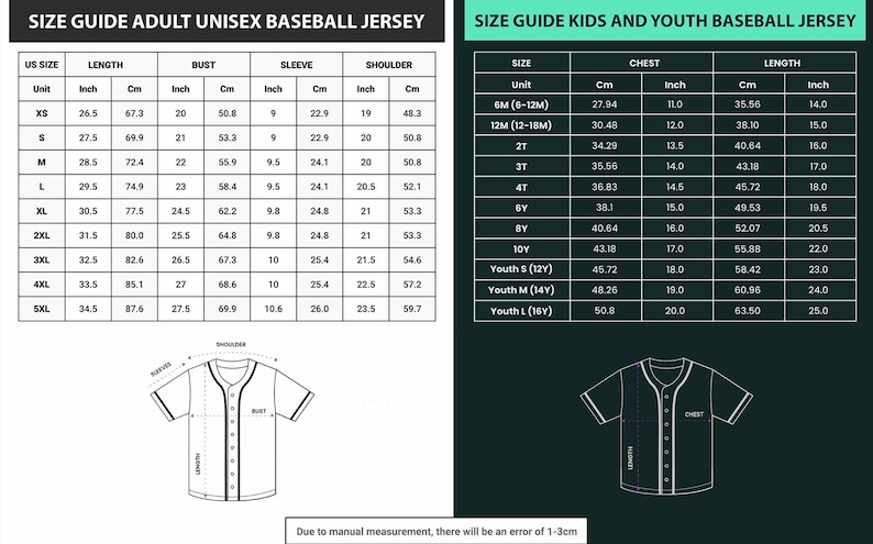 May include: Size guide for adult unisex and kids/youth baseball jerseys. Includes measurements in inches and centimeters for length, bust, sleeve, and shoulder. The guide also shows the chest and length measurements for kids and youth sizes.