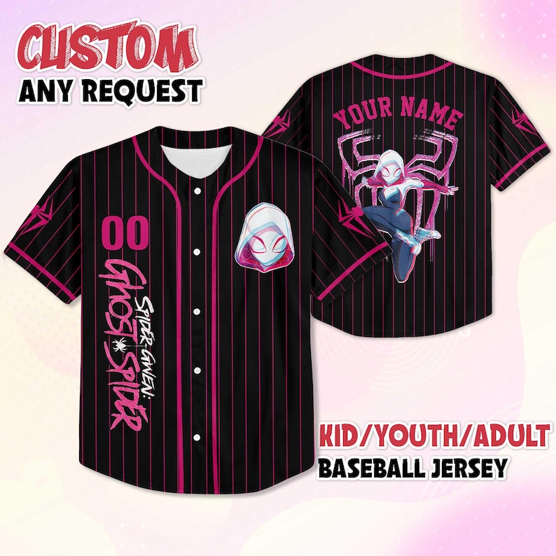 May include: Black baseball jersey with pink pinstripes, featuring a Ghost Spider design. The front displays the number 00 and text "GHOST SPIDER". The back has a Spider-Gwen graphic and space for a name. The jersey is available in kid, youth, and adult sizes.