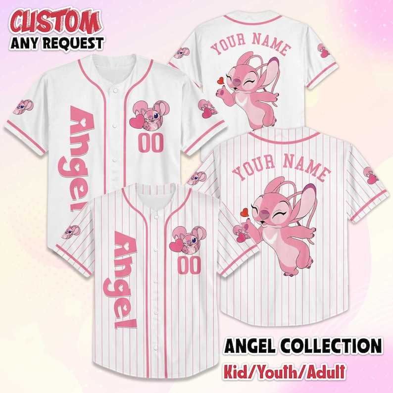 Peut inclure: Maillots de baseball blancs avec des d&eacute;tails roses et des graphiques Angel. Les maillots pr&eacute;sentent le mot "Angel" et le num&eacute;ro "00". L'image comprend &eacute;galement le texte "CUSTOM ANY REQUEST" et "ANGEL COLLECTION Kid/Youth/Adult".