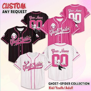 May include: Baseball jerseys in black, pink, and white with vertical stripes. The jerseys feature the text "Ghost-Spider" and "Your Name" with a number. The image also includes the text "CUSTOM ANY REQUEST" and "GHOST-SPIDER COLLECTION Kid/Youth/Adult".