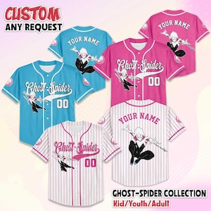 May include: Baseball jerseys in blue, pink, and white with the text "Ghost-Spider" and "00". The jerseys feature a graphic of Ghost-Spider and the text "Your Name". The image also includes the text "CUSTOM ANY REQUEST" and "GHOST-SPIDER COLLECTION Kid/Youth/Adult".