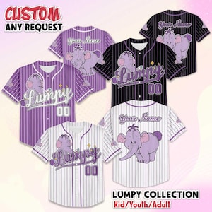 May include: Baseball jerseys in purple, black, and white with a cartoon elephant design. The jerseys feature the name "Lumpy" and the number "00". The text "CUSTOM ANY REQUEST" and "LUMPY COLLECTION Kid/Youth/Adult" are also visible.