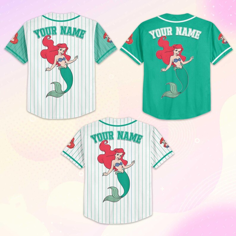May include: Three baseball jerseys featuring a mermaid graphic. Two jerseys are white with teal pinstripes, and one is solid teal. Each jersey has the text "YOUR NAME" across the back and a mermaid illustration.