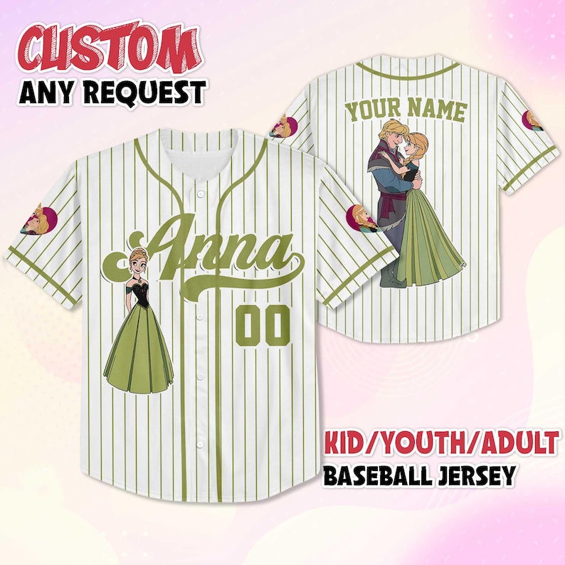 Puede incluir: Camiseta de b&eacute;isbol blanca con finas rayas verdes, con el nombre "Anna" y el n&uacute;mero "00". La camiseta presenta una imagen de un personaje de una popular pel&iacute;cula de animaci&oacute;n. El texto "CUSTOM ANY REQUEST" est&aacute; en la parte superior y "KID/YOUTH/ADULT BASEBALL JERSEY" en la inferior.