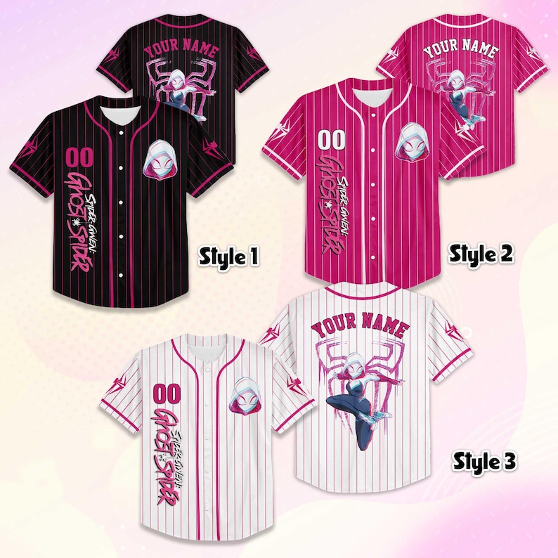 May include: Four baseball jerseys with short sleeves, featuring a Ghost Spider theme. Styles include black with pink stripes, pink with white stripes, and white with pink stripes. Each jersey has the text "YOUR NAME" and "Ghost Spider" on it.