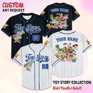 May include: Baseball jerseys with a "Toy Story" theme. The jerseys are in black and white pinstripes, with the "Toy Story" logo and character graphics. The text "CUSTOM ANY REQUEST" and "YOUR NAME" are also visible on the jerseys.