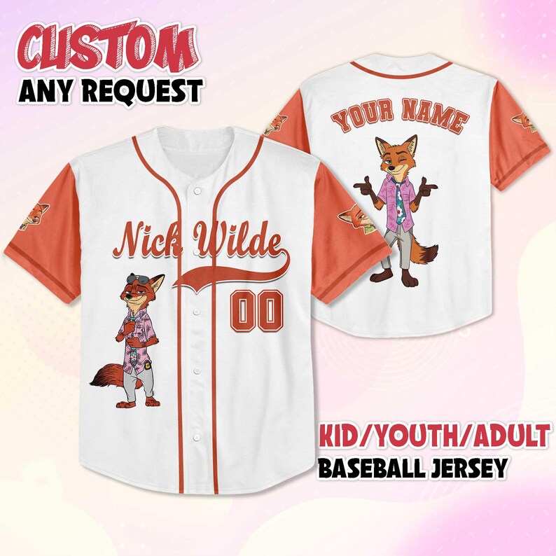 May include: White baseball jersey with orange sleeves and trim, featuring the name "Nick Wilde" and the number "00". The jersey has a cartoon fox graphic and the text "CUSTOM ANY REQUEST" and "KID/YOUTH/ADULT BASEBALL JERSEY".