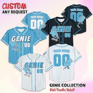 May include: Baseball jerseys with a Genie theme. The jerseys are available in blue, black, and white, with pinstripes and the text "GENIE" and "00". The jerseys also feature a cartoon genie graphic. The text "CUSTOM ANY REQUEST" is at the top.