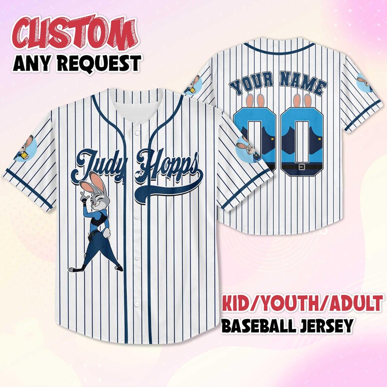 May include: White baseball jersey with navy blue pinstripes. Features the text "Judy Hopps" and a cartoon image of a rabbit. The back of the jersey has space for a name and the number "00". The text "CUSTOM ANY REQUEST" is at the top.
