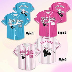 May include: Three baseball jerseys in blue, pink, and white with red pinstripes. Each jersey features a Ghost-Spider graphic, the number "00", and the option to add a name. The jerseys have short sleeves and button-up fronts.