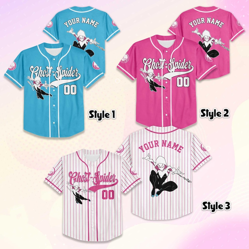 May include: Three baseball jerseys in blue, pink, and white with red pinstripes. Each jersey features a Ghost-Spider graphic, the number "00", and the option to add a name. The jerseys have short sleeves and button-up fronts.