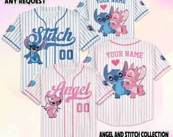 Personalize Stitch and Angel Baseball Jersey, Custom Lilo & Stitch Valentine‘s Day Jersey Shirt, Disney Couple Gift