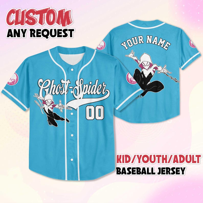 May include: Light blue baseball jersey with white accents, featuring "Ghost-Spider" text and the number "00". The jersey has a graphic of Ghost-Spider and the text "YOUR NAME" on the back. The text "CUSTOM ANY REQUEST" and "KID/YOUTH/ADULT BASEBALL JERSEY" are also visible.