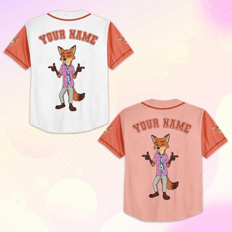 May include: Two baseball jerseys, one white and one peach, featuring a cartoon fox character. The jerseys have orange sleeves and collars, with the text "YOUR NAME" above the fox illustration. The fox is wearing a pink shirt and gray pants.