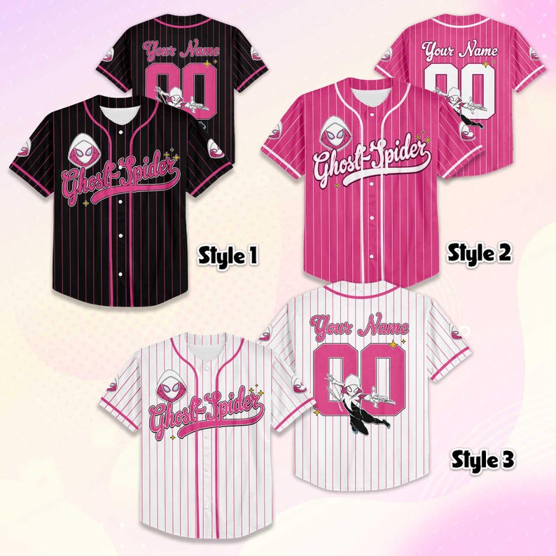 May include: Three baseball jerseys with "Ghost-Spider" and "Your Name" printed on them. The jerseys are black with pink stripes, pink, and white with pink stripes. Each jersey has a different design, with the number "00" on the back.