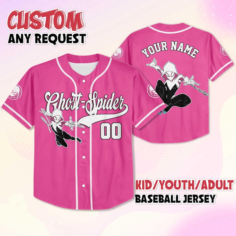 May include: Pink baseball jersey with white trim, featuring "Ghost-Spider" and the number "00" on the front. The back of the jersey has a "Your Name" section and a graphic of Ghost-Spider. The jersey is available in kid, youth, and adult sizes.