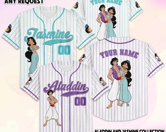 Personalisieren Sie Aladdin und Jasmin Baseball Jersey, Benutzerdefinierte Disney Aladdin Valentinstag Jersey Shirt, Disney Paar Geschenk