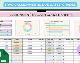 Assignment Tracker College Student Assignment Excel Google Sheets Student Digital Planner Assignment List Homework To Do Study Planner