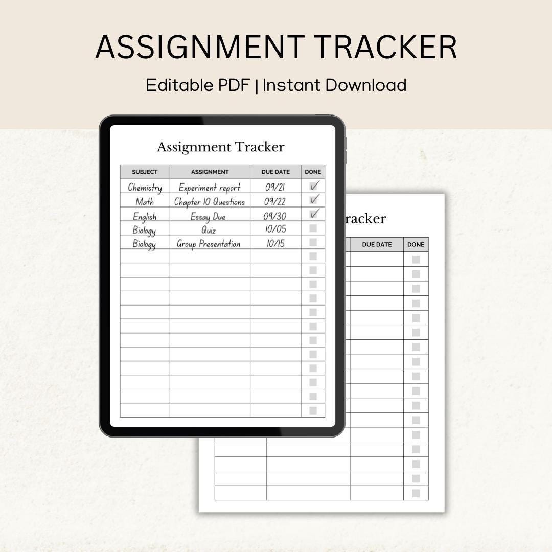 Assignment Tracker Printable PDF Student Digital Planner Assignment ...