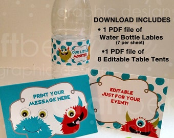 Our Little Monster Water Bottle Wrappers and Editable Table Tents