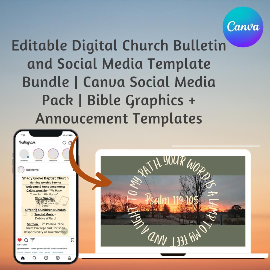 Church Bulletin Template Bundle: Scripture Graphics, Social Media Pack ...