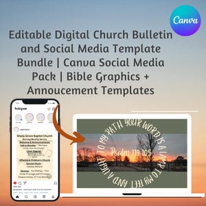 May include: A digital church bulletin and social media template bundle. The image shows a laptop and a smartphone displaying church-related content. The laptop screen features a sunset scene with text. The smartphone shows an Instagram post.