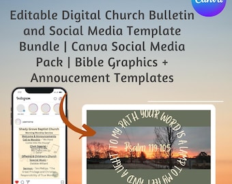 May include: A digital church bulletin and social media template bundle. The image shows a laptop and a smartphone displaying church-related content. The laptop screen features a sunset scene with text. The smartphone shows an Instagram post.