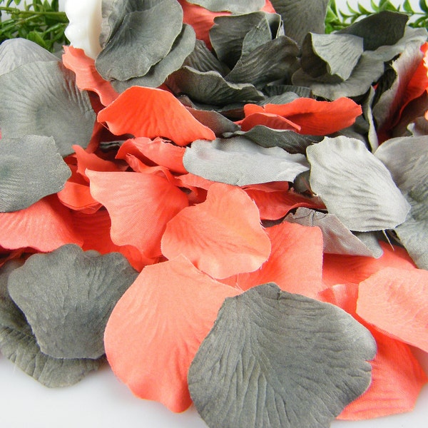 500 Coral & Grey Artificial Silk Rose Petals | Deep Coral and Gray Wedding | Flower Basket Petals | Ceremony Petals Table Decor | Bulk