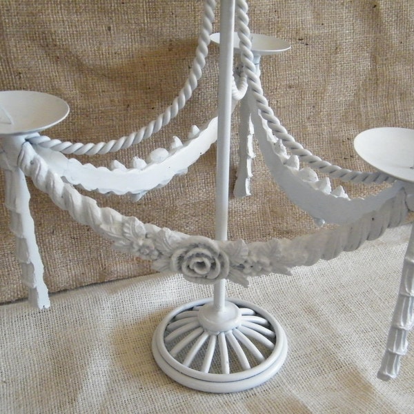 White Candelabra Centerpiece For your Home or Wedding Hang or Stand-Rose and Ribbon Motif-OOAK