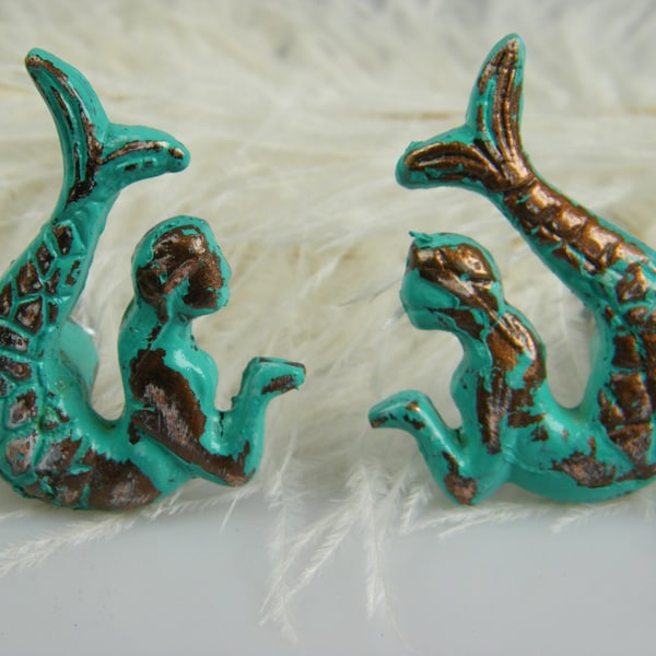 Mermaid Drawer Pulls Knobs / set of 2 opposite facing mermaids  Nautical Furniture Cabinet Knobs / Sea Ocean theme Nursery / Pick Your Color