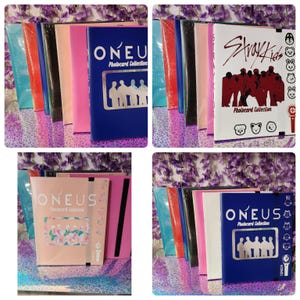 May include: A selection of photocard binders in shades of blue, pink, and white. The binders display the text "ONEUS Photocard Collection" and "Stray Kids Photocard Collection".