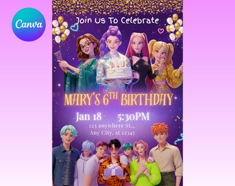 Kpop Demon Hunters Birthday Invitation, Editable Canva Template, Huntrix, Printable Costume Party Invite, editable kpop invitation