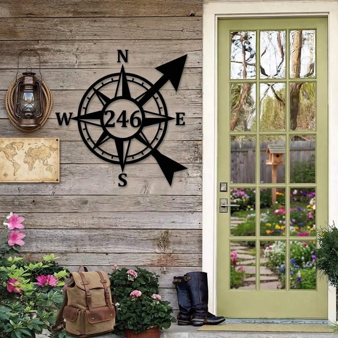 Compass Address Sign Custom Compass Metal Address Sign - Personalized Nautical House Numbers ...