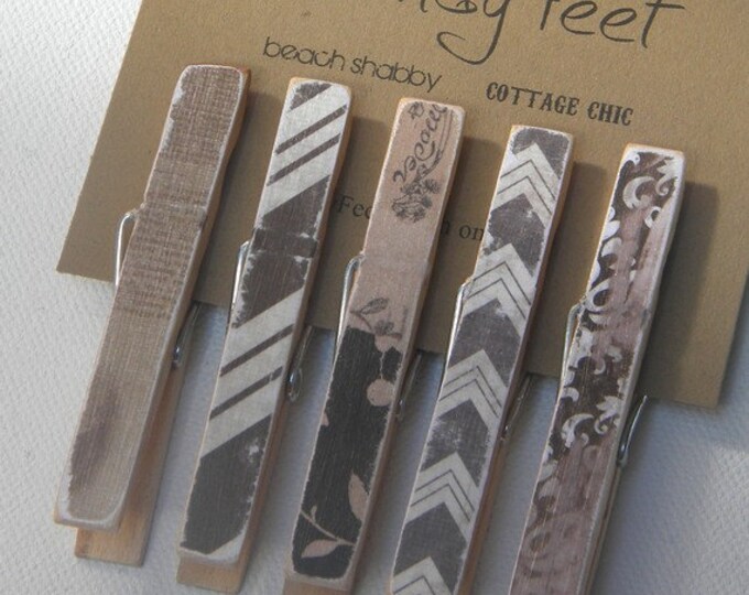 Decorative Clothes Pins in a Mix of Gray and Cream. Decoupaged Etsy