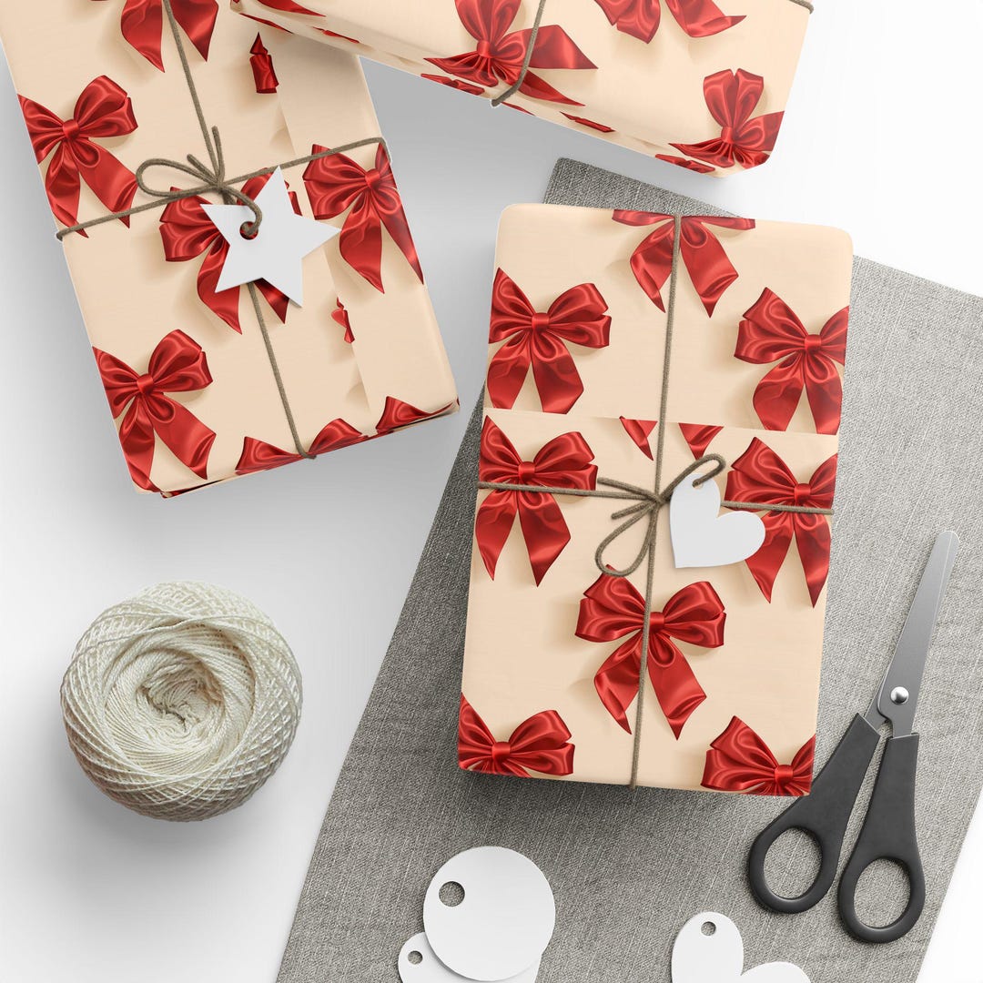 Elegant Red Bow Christmas Wrapping Paper | Cream Holiday Gift Wrap ...
