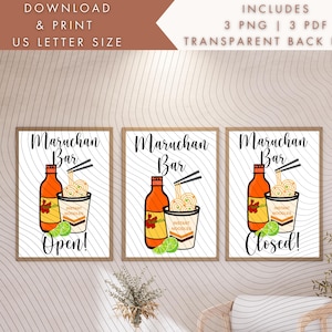 May include: Three framed prints with a food theme. Each print features a cartoon illustration of a bottle, a cup of noodles, and the text "Maruchan Bar." One print says "Open!" and another says "Closed!"