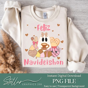 May include: A cream-coloured sweatshirt with a festive graphic. The design features a ghost holding a mug, surrounded by pastries and hearts, with the words "Feliz Navideishon" in pink. The bottom right corner has the text "PNG FILE".